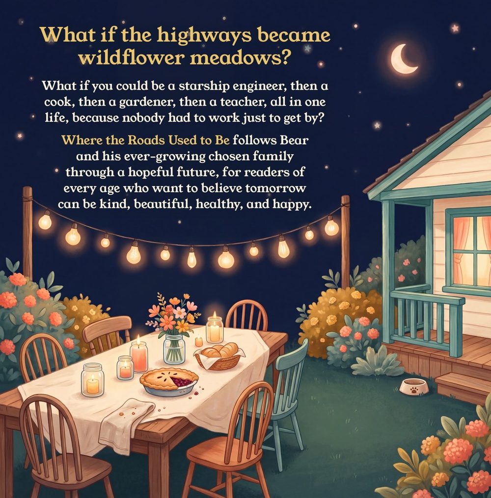 The back cover: a long table under string lights at night after a party, beside a cream-and-teal house, with the blurb in gold and cream letters across the starry sky.