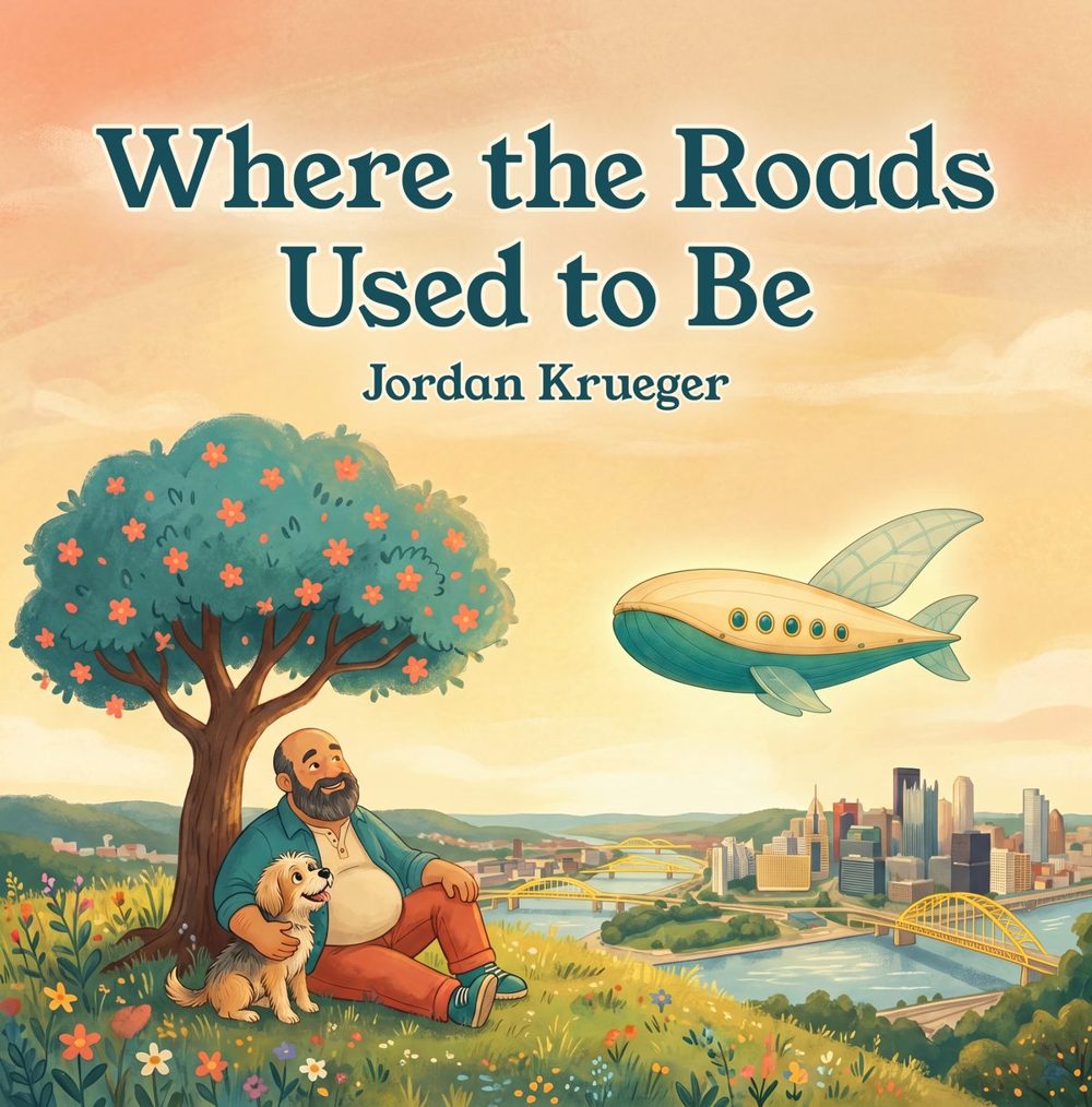 The front cover: a bearded man named Bear sits with his scruffy dog Biscuit under a blossoming tree on a grassy hill. Below them, a river city with yellow bridges. A whale-shaped ship floats in the golden sky.