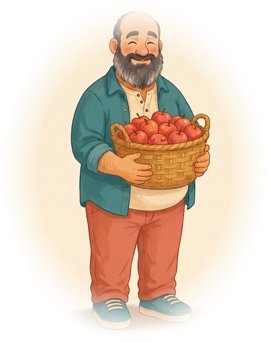 Bear at fifty, smiling with a salt-and-pepper beard, holding a basket of red apples.