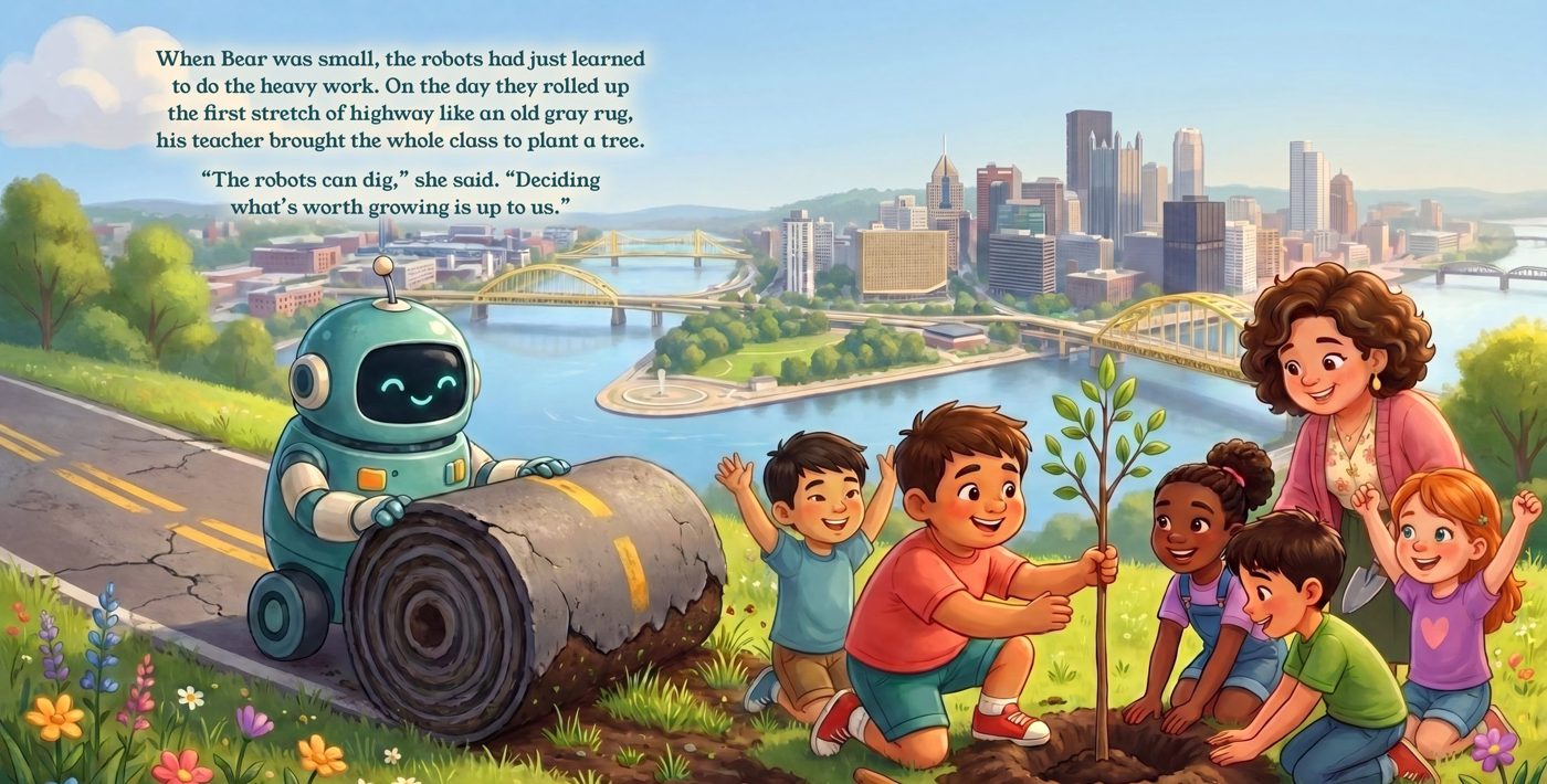 Pages 2 and 3: on a grassy hill above the city, a friendly teal robot rolls up an old highway like a rug while young Bear and his classmates plant a little tree with their teacher. The text reads: When Bear was small, the robots had just learned to do the heavy work. On the day they rolled up the first stretch of highway like an old gray rug, his teacher brought the whole class to plant a tree. “The robots can dig,” she said. “Deciding what’s worth growing is up to us.”