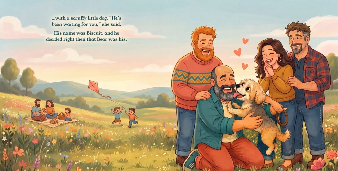 Pages 18 and 19: in a wildflower meadow, Bear kneels and laughs as a scruffy little dog licks his face while Rowan, Josie and her husband crowd around smiling. The text reads: …with a scruffy little dog. “He’s been waiting for you,” she said. His name was Biscuit, and he decided right then that Bear was his.
